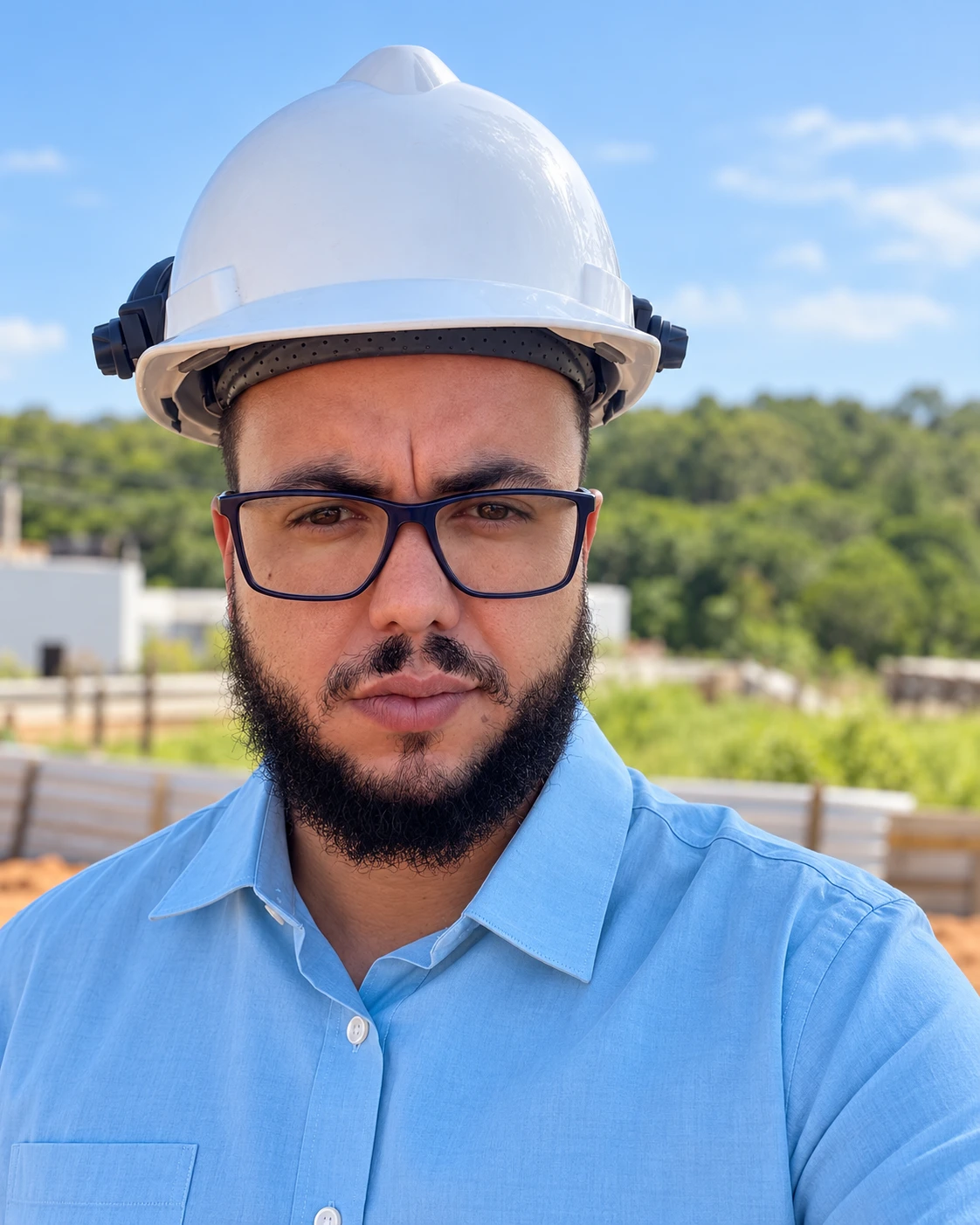 Engenheiro Victor Vinicius Araújo Ramos, de capacete e camisa azul, em obra